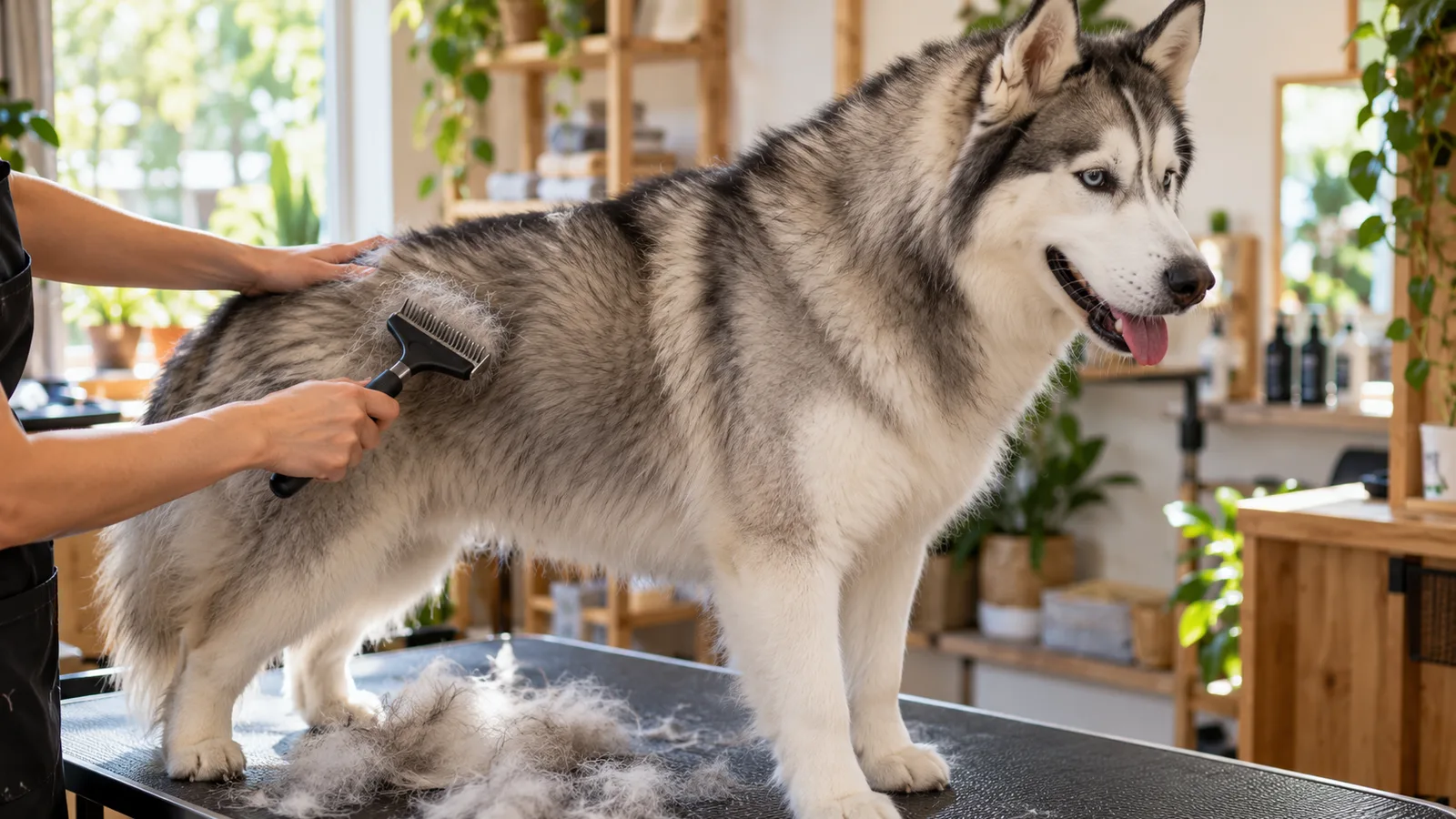 Hundefriseurin kämmt lose Unterwolle aus dem dichten Fell eines Huskys
