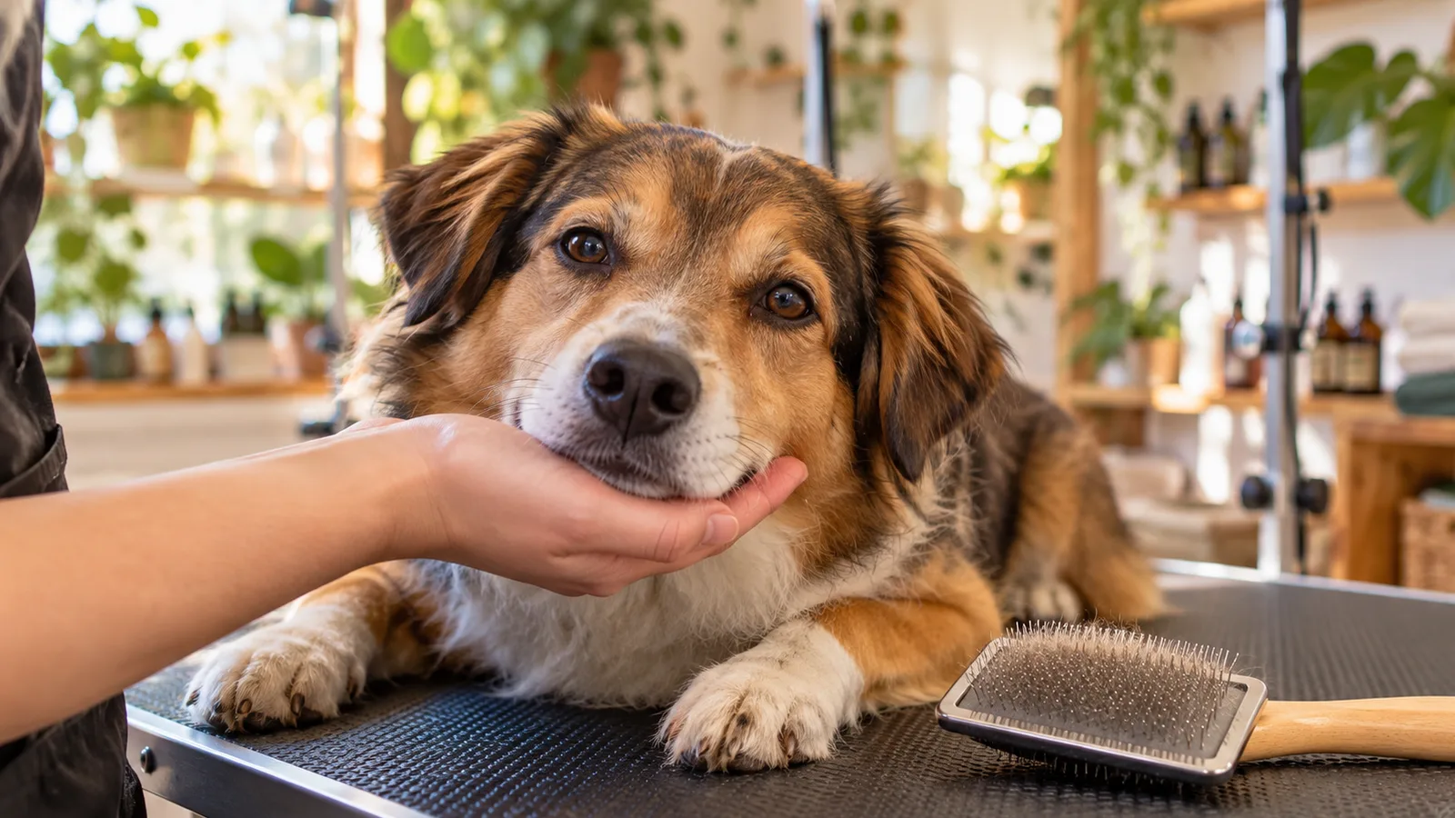 Hund legt sein Kinn entspannt auf die Hand der Hundefriseurin, daneben liegt eine Bürste