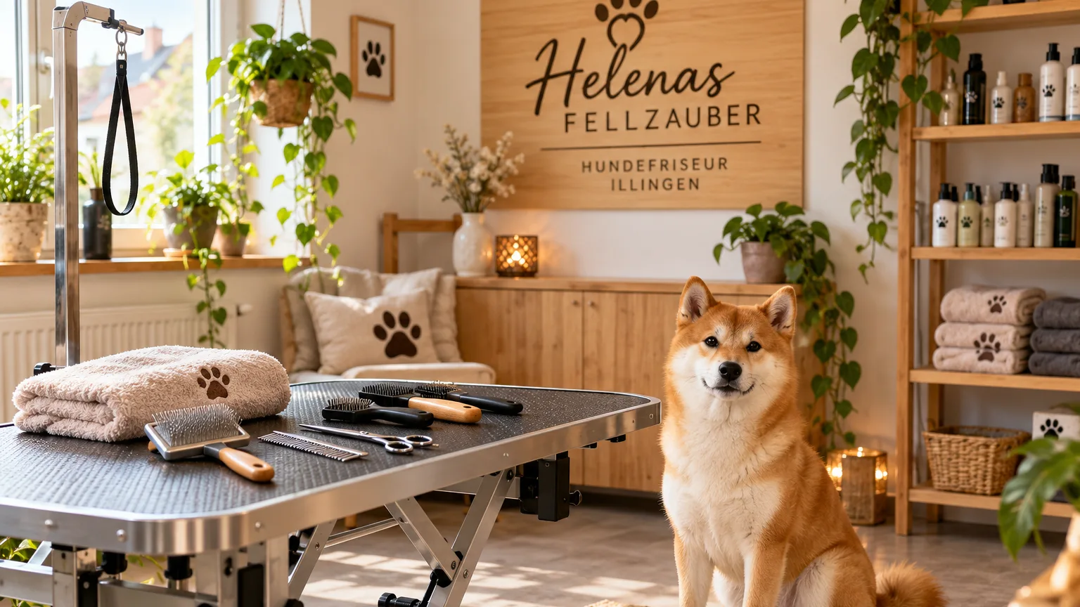 Heller, gemütlicher Hundesalon mit Pflegetisch, Bürsten und einem entspannten Hund
