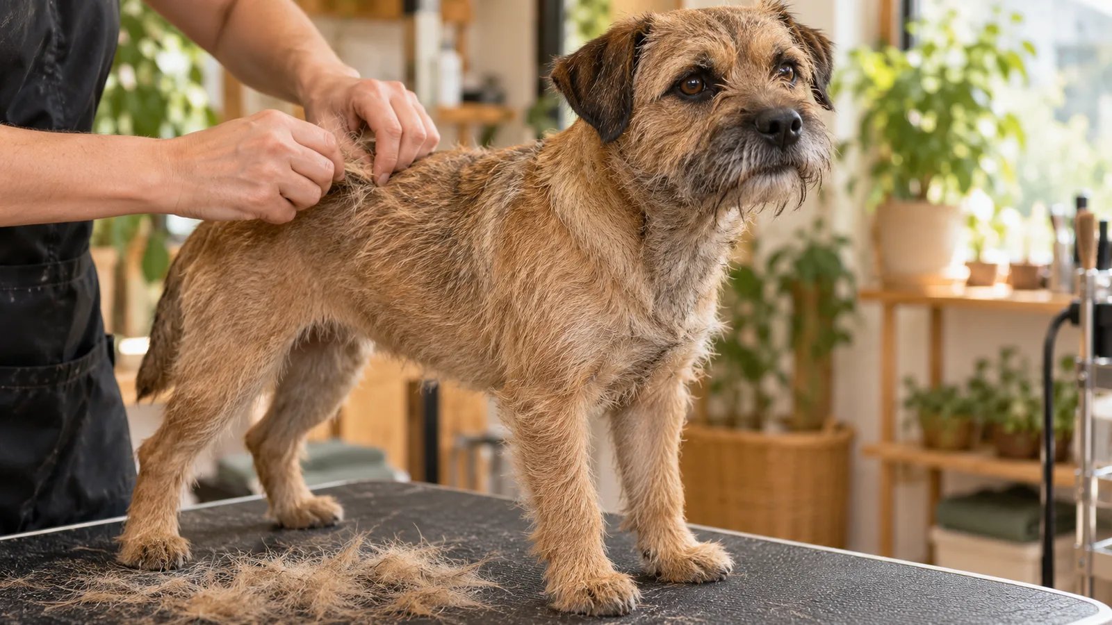 Hände der Hundefriseurin trimmen das drahtige Fell eines Border Terriers