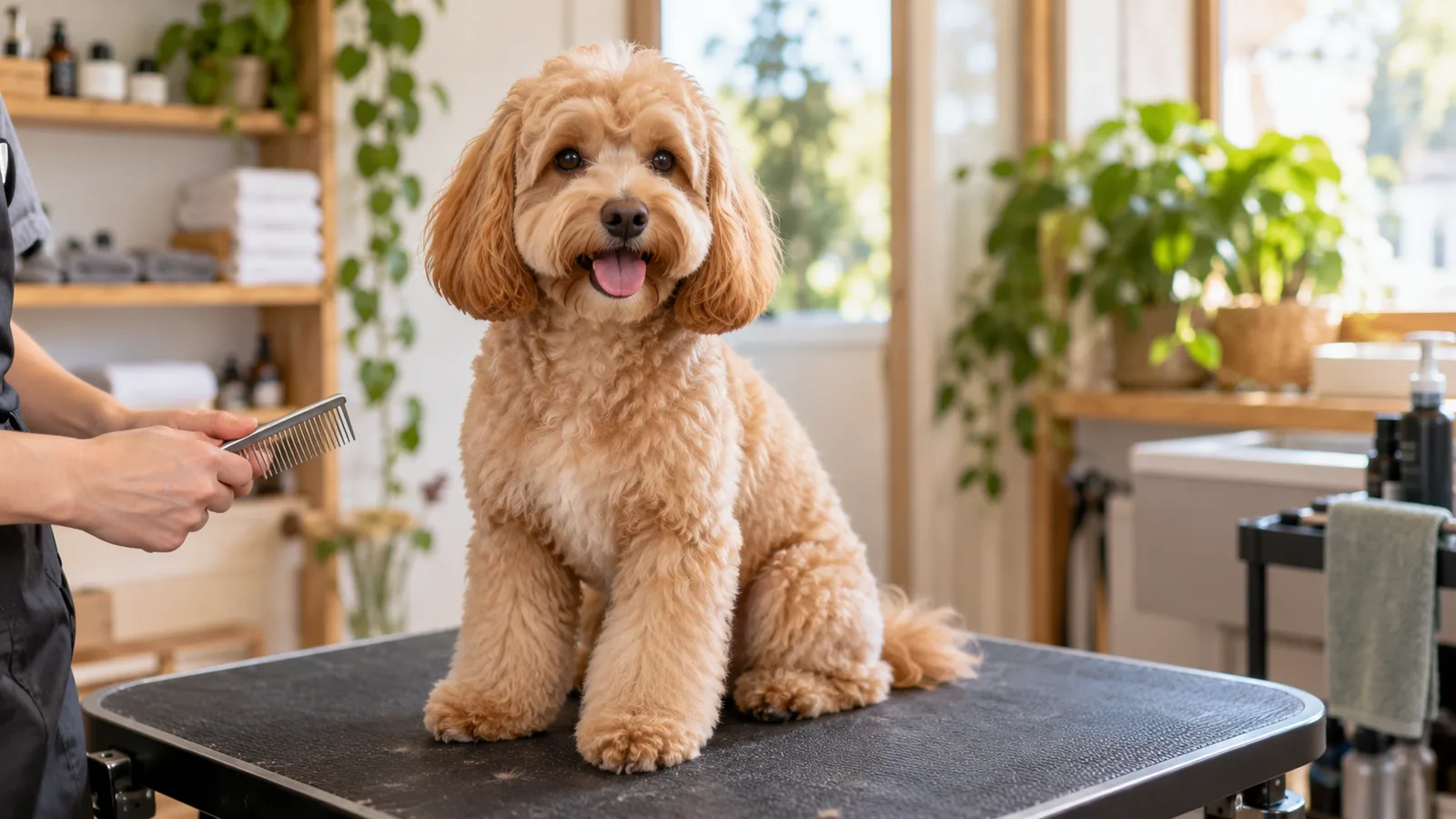 Frisch gepflegter Pudelmischling sitzt entspannt auf dem Pflegetisch im Hundesalon