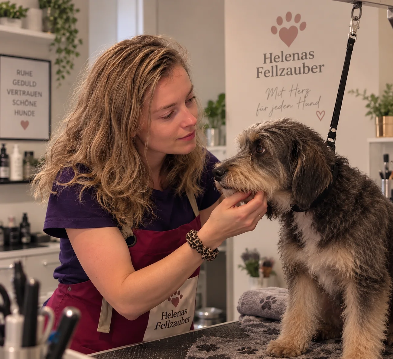 Helena nimmt ruhig und auf Augenhöhe Kontakt zu einem sensiblen Hund auf dem Pflegetisch auf
