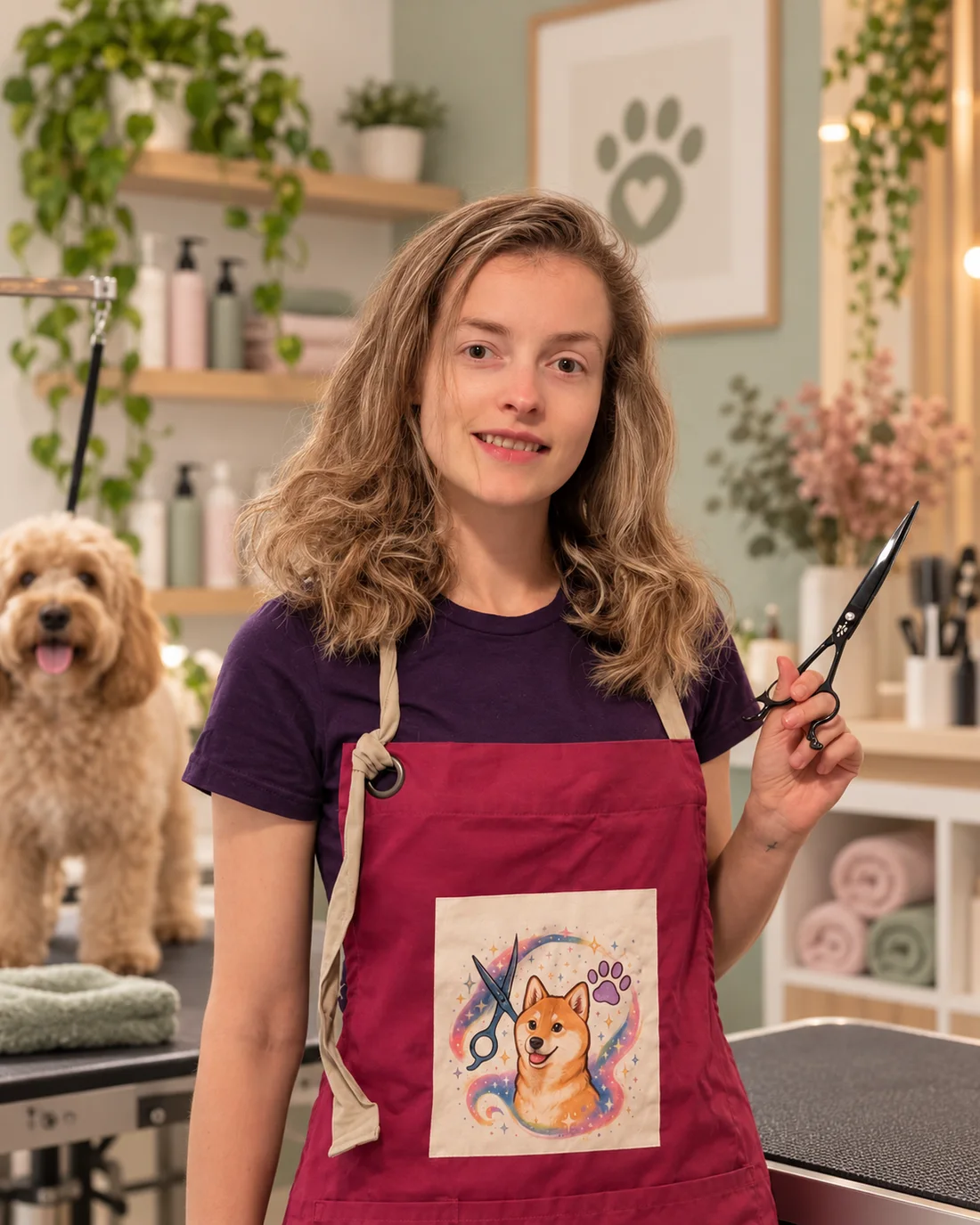 Porträt von Helena Rust mit Friseurschere in ihrem Salon